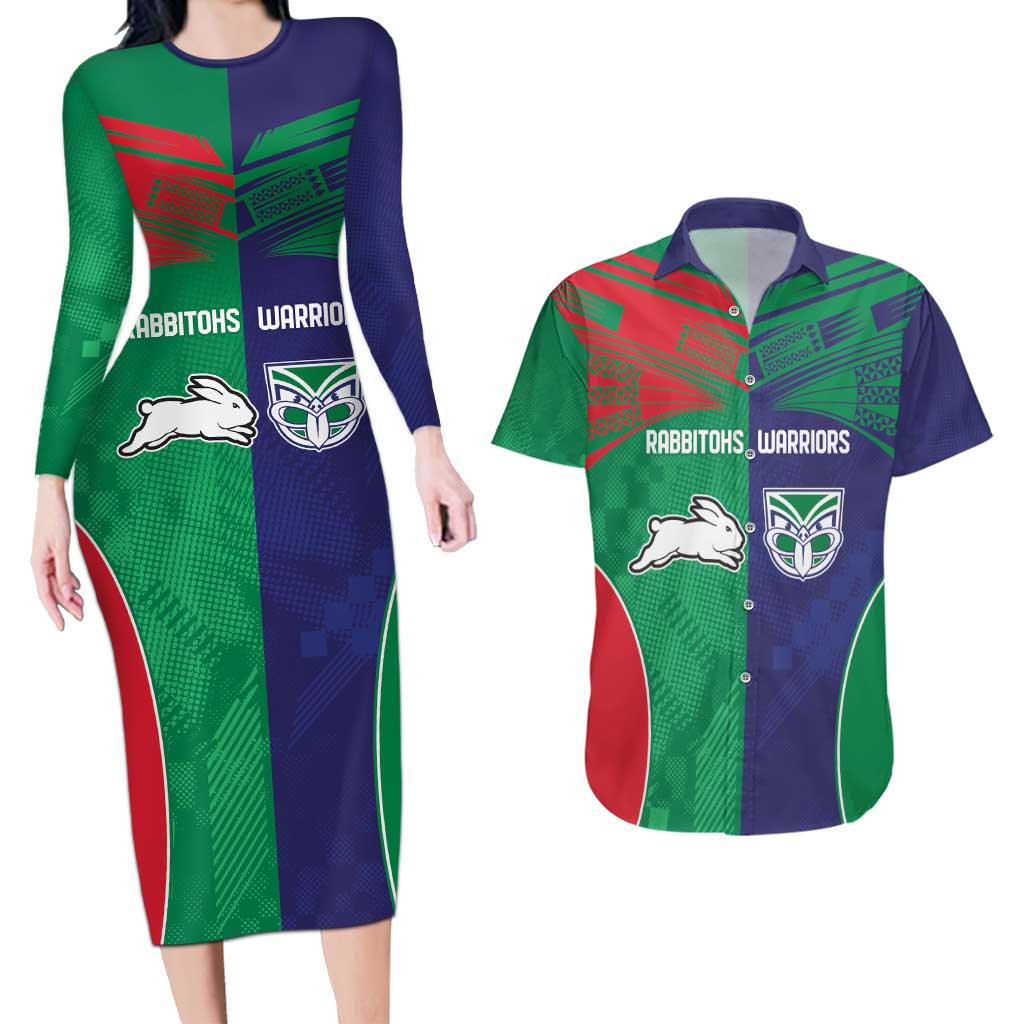 Custom Warriors-Rabbitohs Couples Matching Long Sleeve Bodycon Dress and Hawaiian Shirt Together Sporty Style