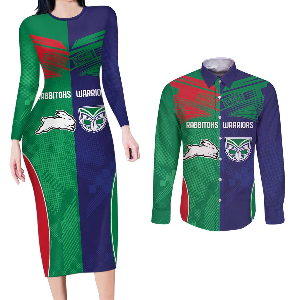 Custom Warriors-Rabbitohs Couples Matching Long Sleeve Bodycon Dress and Long Sleeve Button Shirt Together Sporty Style