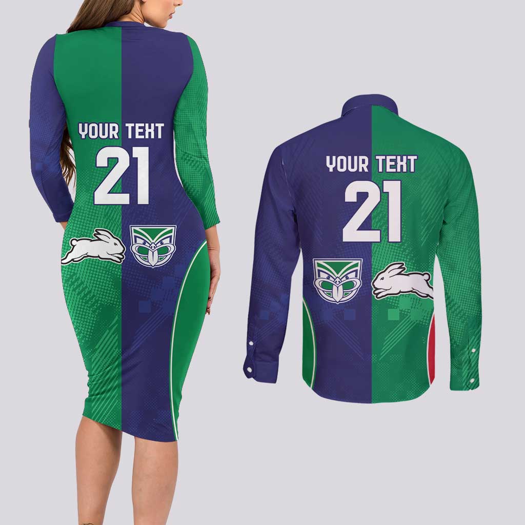 Custom Warriors-Rabbitohs Couples Matching Long Sleeve Bodycon Dress and Long Sleeve Button Shirt Together Sporty Style