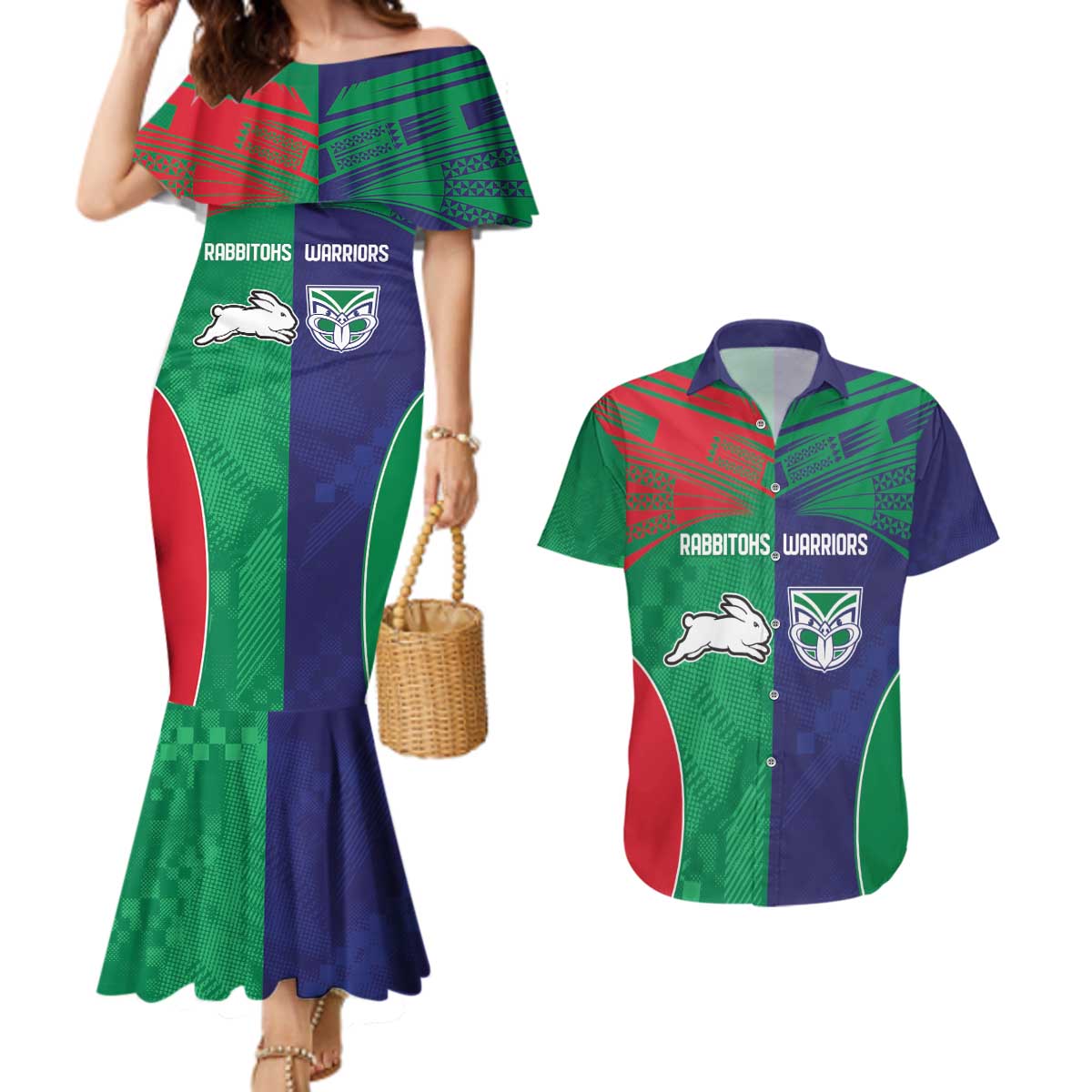 Custom Warriors-Rabbitohs Couples Matching Mermaid Dress and Hawaiian Shirt Together Sporty Style