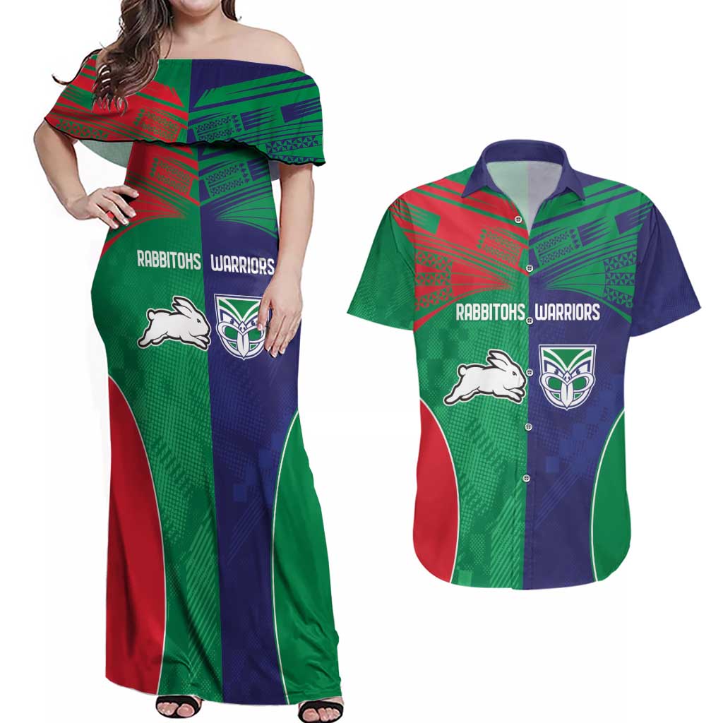 Custom Warriors-Rabbitohs Couples Matching Off Shoulder Maxi Dress and Hawaiian Shirt Together Sporty Style