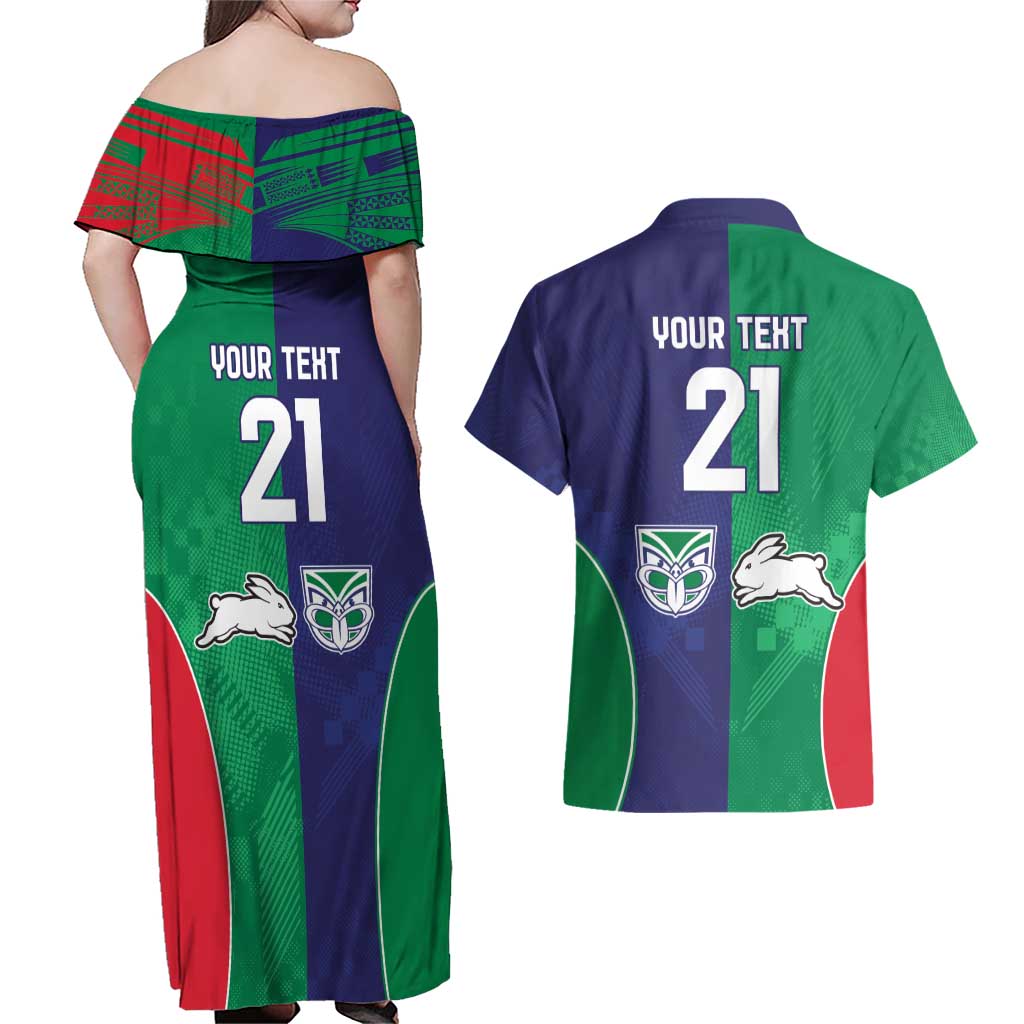 Custom Warriors-Rabbitohs Couples Matching Off Shoulder Maxi Dress and Hawaiian Shirt Together Sporty Style