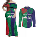Custom Warriors-Rabbitohs Couples Matching Off Shoulder Maxi Dress and Long Sleeve Button Shirt Together Sporty Style