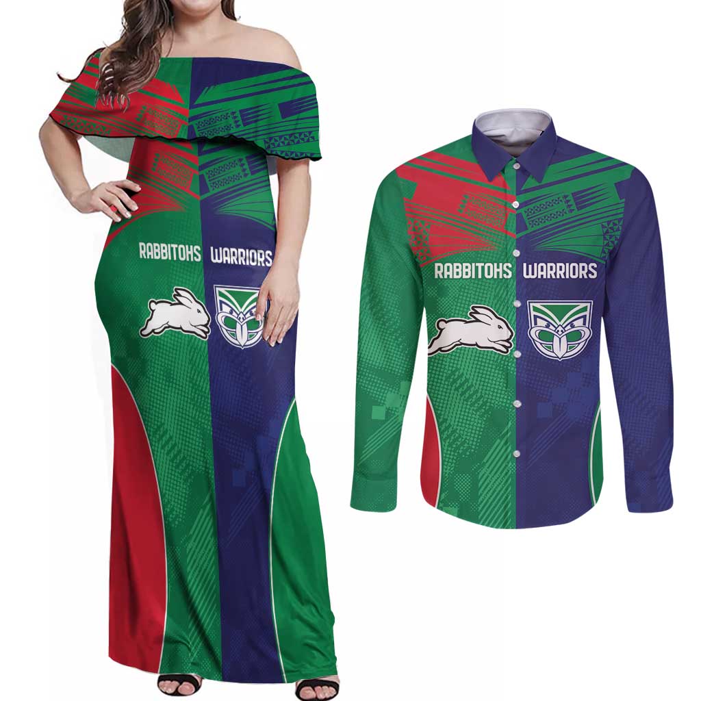 Custom Warriors-Rabbitohs Couples Matching Off Shoulder Maxi Dress and Long Sleeve Button Shirt Together Sporty Style