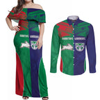 Custom Warriors-Rabbitohs Couples Matching Off Shoulder Maxi Dress and Long Sleeve Button Shirt Together Sporty Style