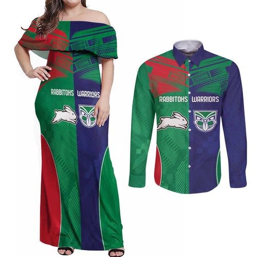 Custom Warriors-Rabbitohs Couples Matching Off Shoulder Maxi Dress and Long Sleeve Button Shirt Together Sporty Style