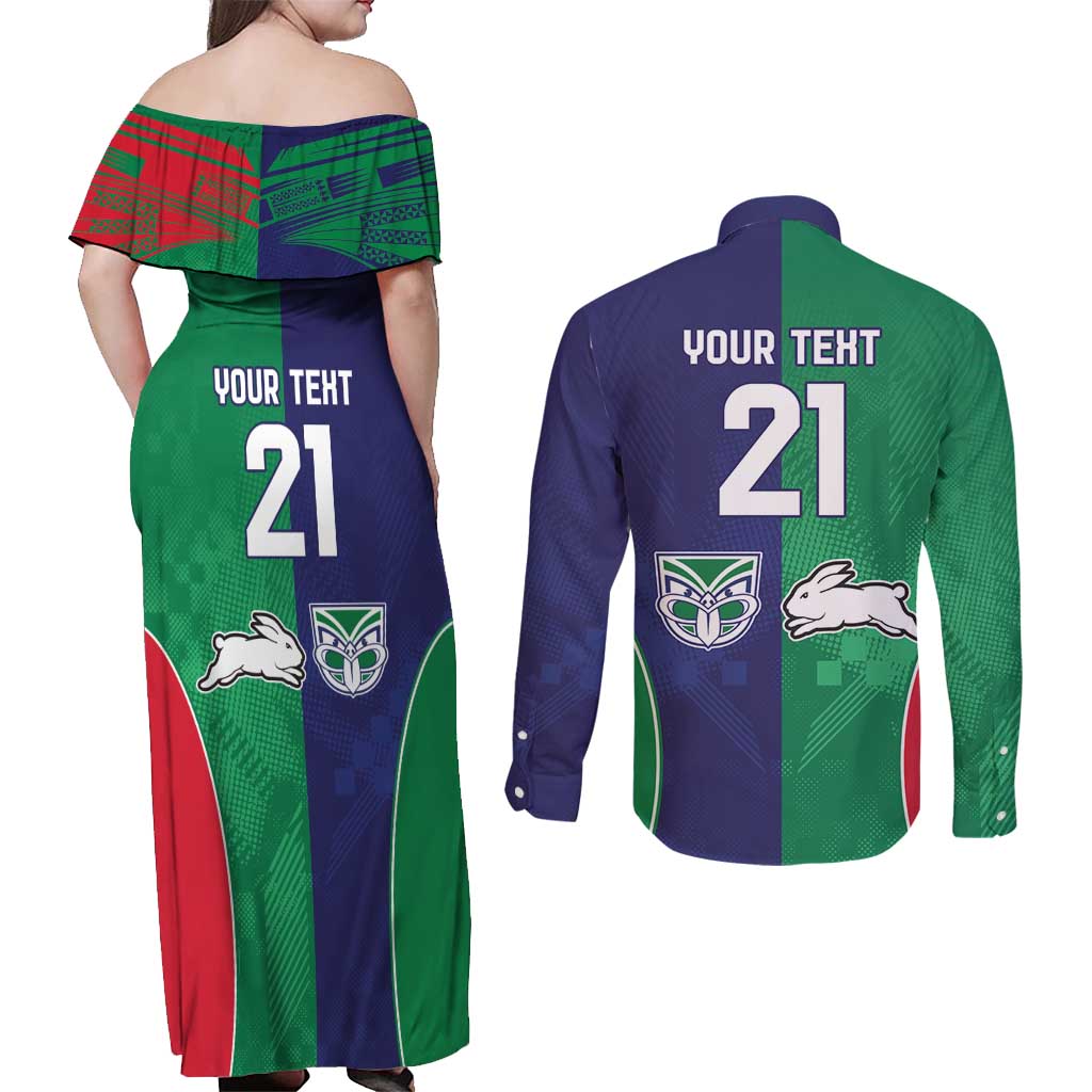 Custom Warriors-Rabbitohs Couples Matching Off Shoulder Maxi Dress and Long Sleeve Button Shirt Together Sporty Style