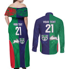Custom Warriors-Rabbitohs Couples Matching Off Shoulder Maxi Dress and Long Sleeve Button Shirt Together Sporty Style
