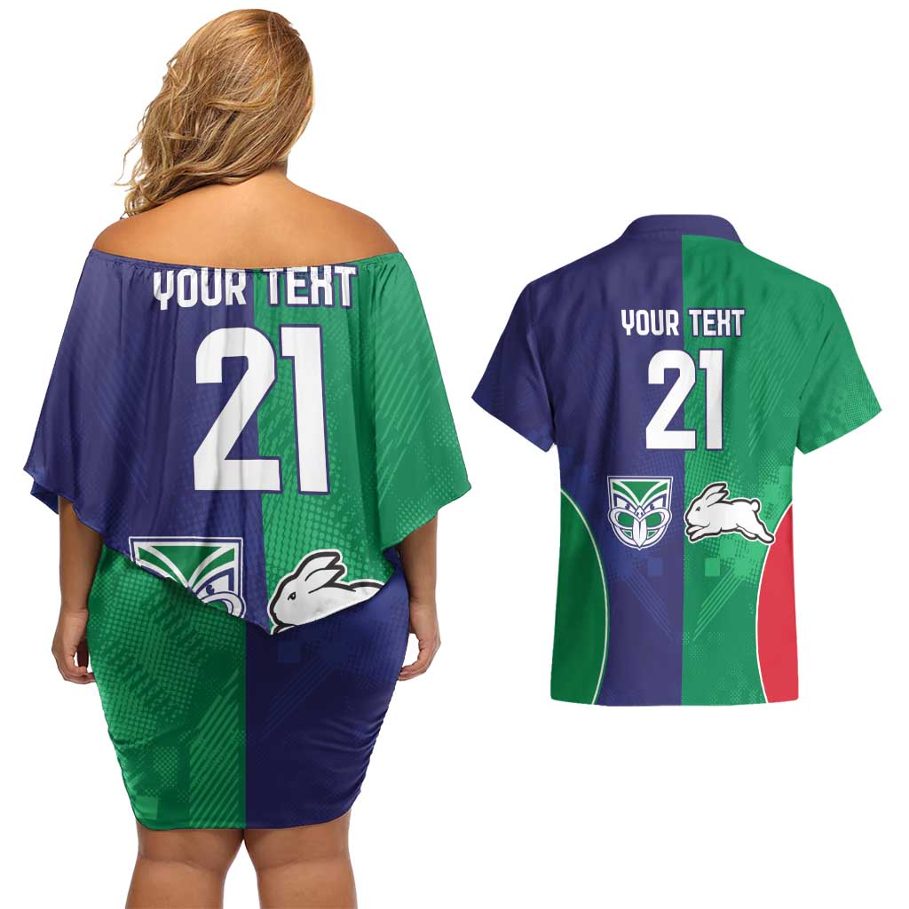 Custom Warriors-Rabbitohs Couples Matching Off Shoulder Short Dress and Hawaiian Shirt Together Sporty Style