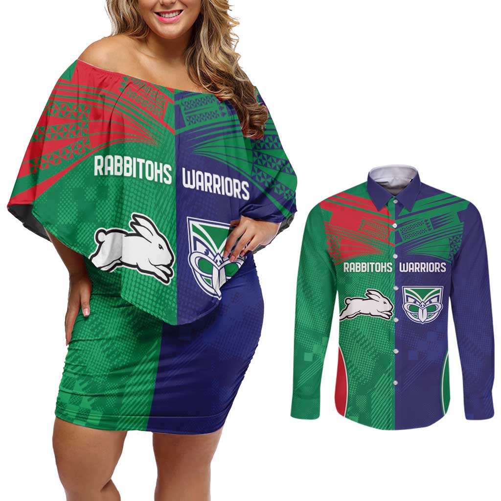 Custom Warriors-Rabbitohs Couples Matching Off Shoulder Short Dress and Long Sleeve Button Shirt Together Sporty Style