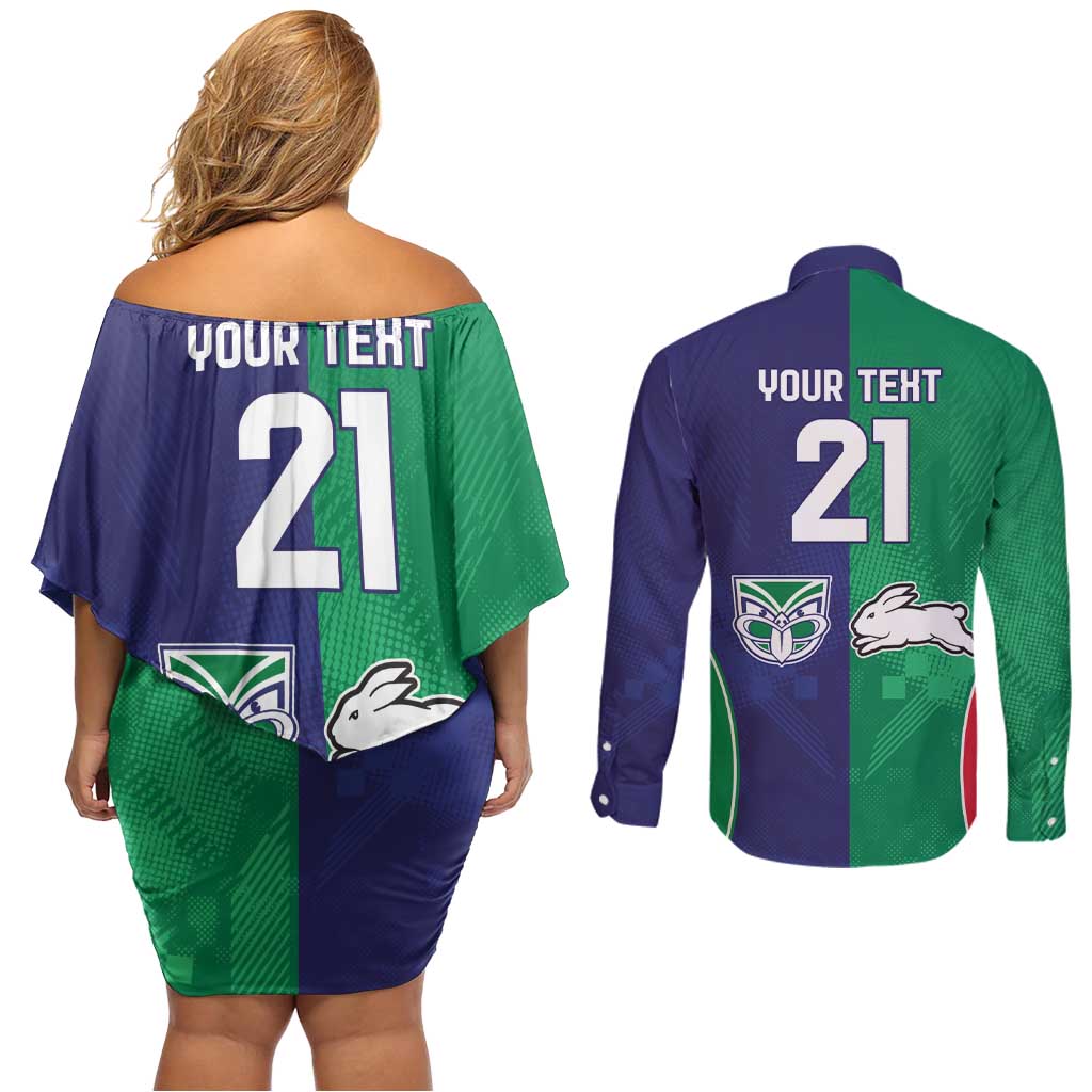 Custom Warriors-Rabbitohs Couples Matching Off Shoulder Short Dress and Long Sleeve Button Shirt Together Sporty Style