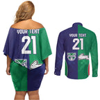 Custom Warriors-Rabbitohs Couples Matching Off Shoulder Short Dress and Long Sleeve Button Shirt Together Sporty Style