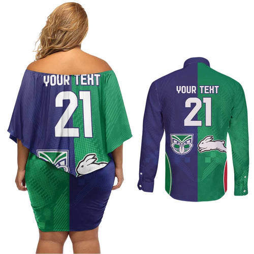 Custom Warriors-Rabbitohs Couples Matching Off Shoulder Short Dress and Long Sleeve Button Shirt Together Sporty Style