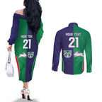 Custom Warriors-Rabbitohs Couples Matching Off The Shoulder Long Sleeve Dress and Long Sleeve Button Shirt Together Sporty Style