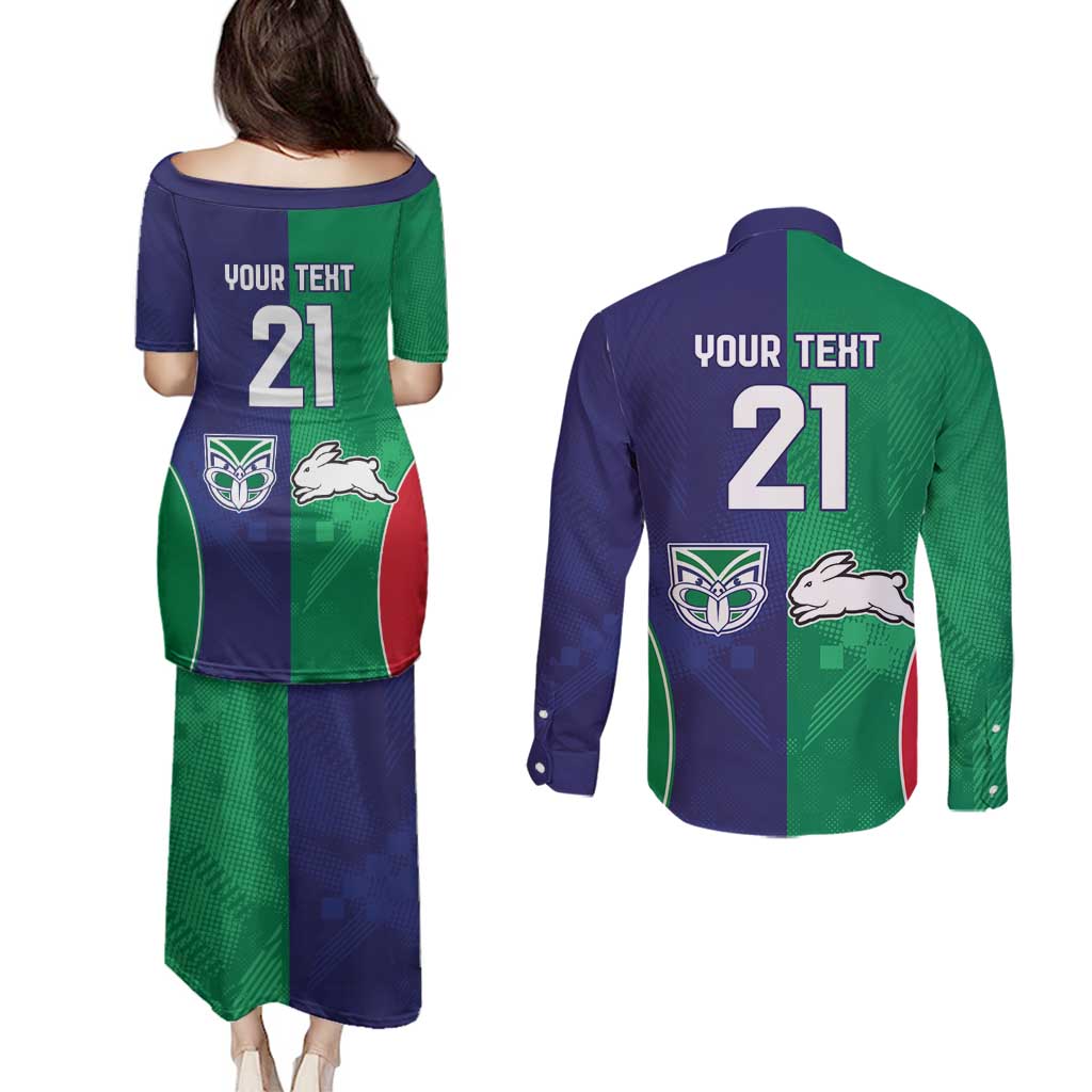 Custom Warriors-Rabbitohs Couples Matching Puletasi and Long Sleeve Button Shirt Together Sporty Style