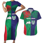 Custom Warriors-Rabbitohs Couples Matching Short Sleeve Bodycon Dress and Hawaiian Shirt Together Sporty Style