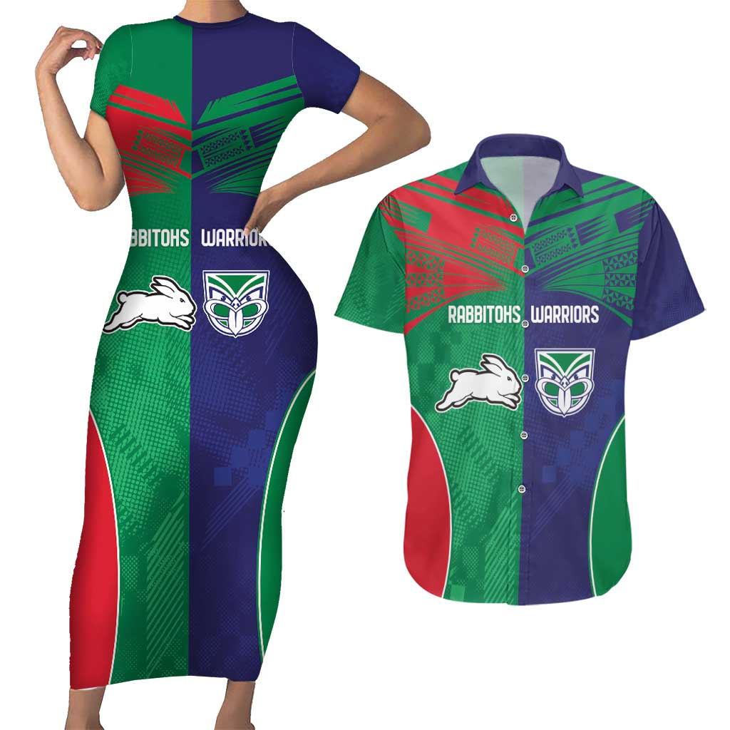 Custom Warriors-Rabbitohs Couples Matching Short Sleeve Bodycon Dress and Hawaiian Shirt Together Sporty Style