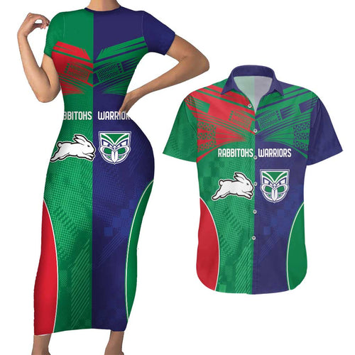 Custom Warriors-Rabbitohs Couples Matching Short Sleeve Bodycon Dress and Hawaiian Shirt Together Sporty Style