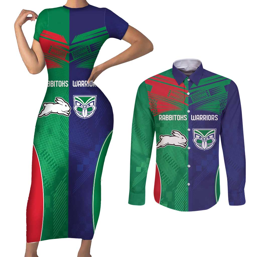 Custom Warriors-Rabbitohs Couples Matching Short Sleeve Bodycon Dress and Long Sleeve Button Shirt Together Sporty Style