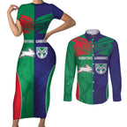 Custom Warriors-Rabbitohs Couples Matching Short Sleeve Bodycon Dress and Long Sleeve Button Shirt Together Sporty Style