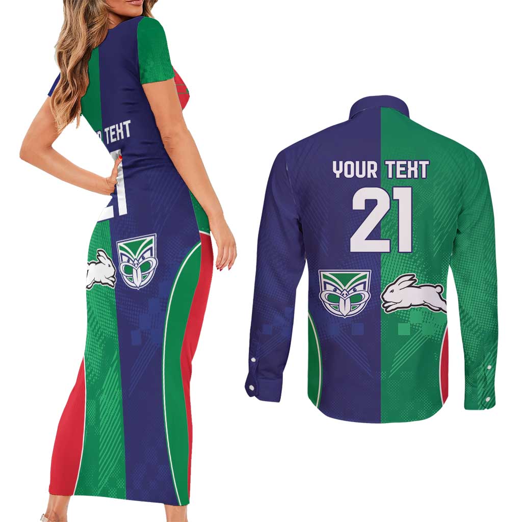 Custom Warriors-Rabbitohs Couples Matching Short Sleeve Bodycon Dress and Long Sleeve Button Shirt Together Sporty Style