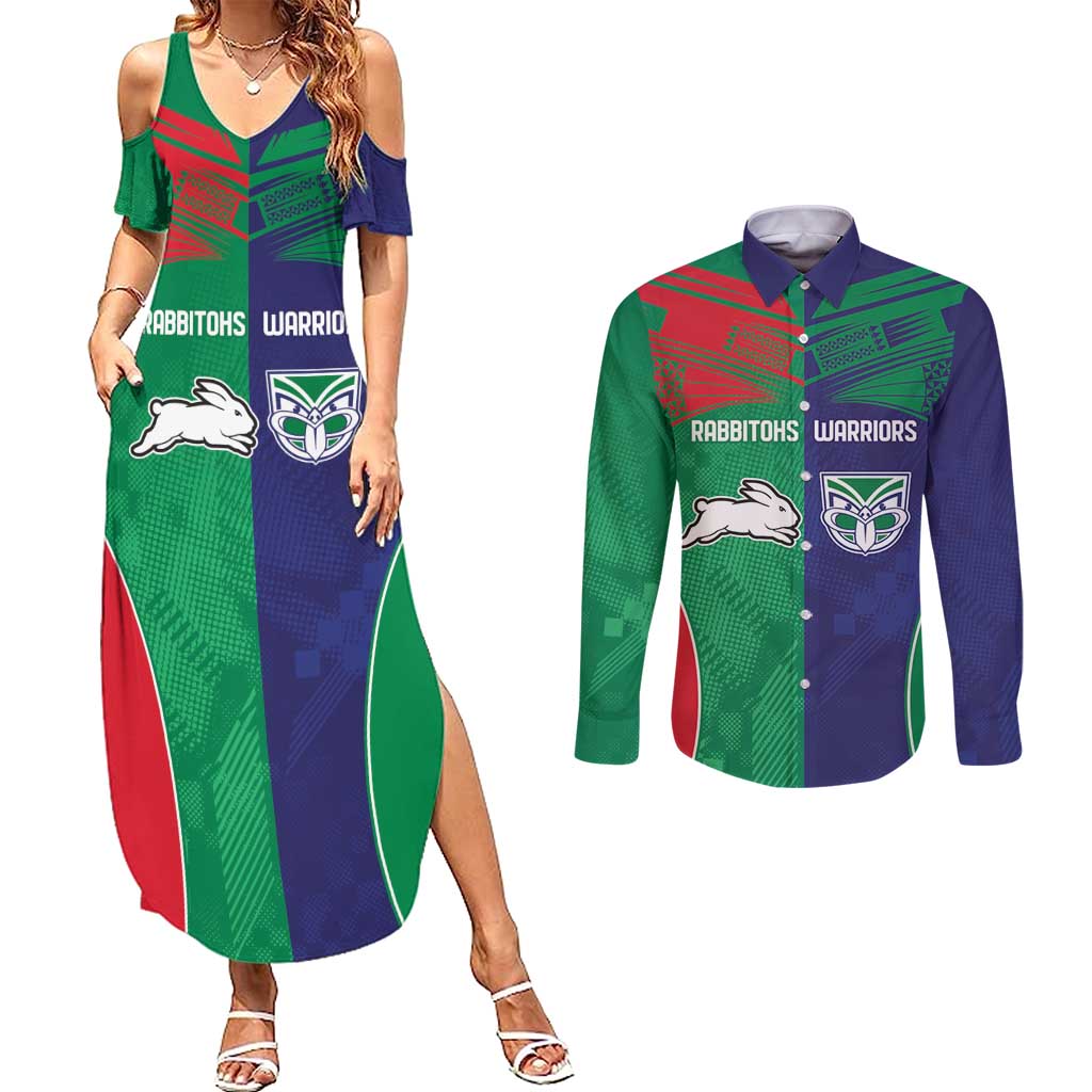 Custom Warriors-Rabbitohs Couples Matching Summer Maxi Dress and Long Sleeve Button Shirt Together Sporty Style