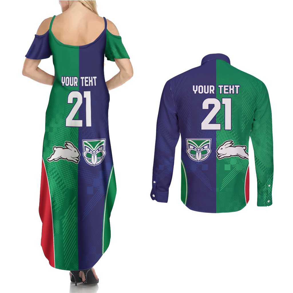 Custom Warriors-Rabbitohs Couples Matching Summer Maxi Dress and Long Sleeve Button Shirt Together Sporty Style
