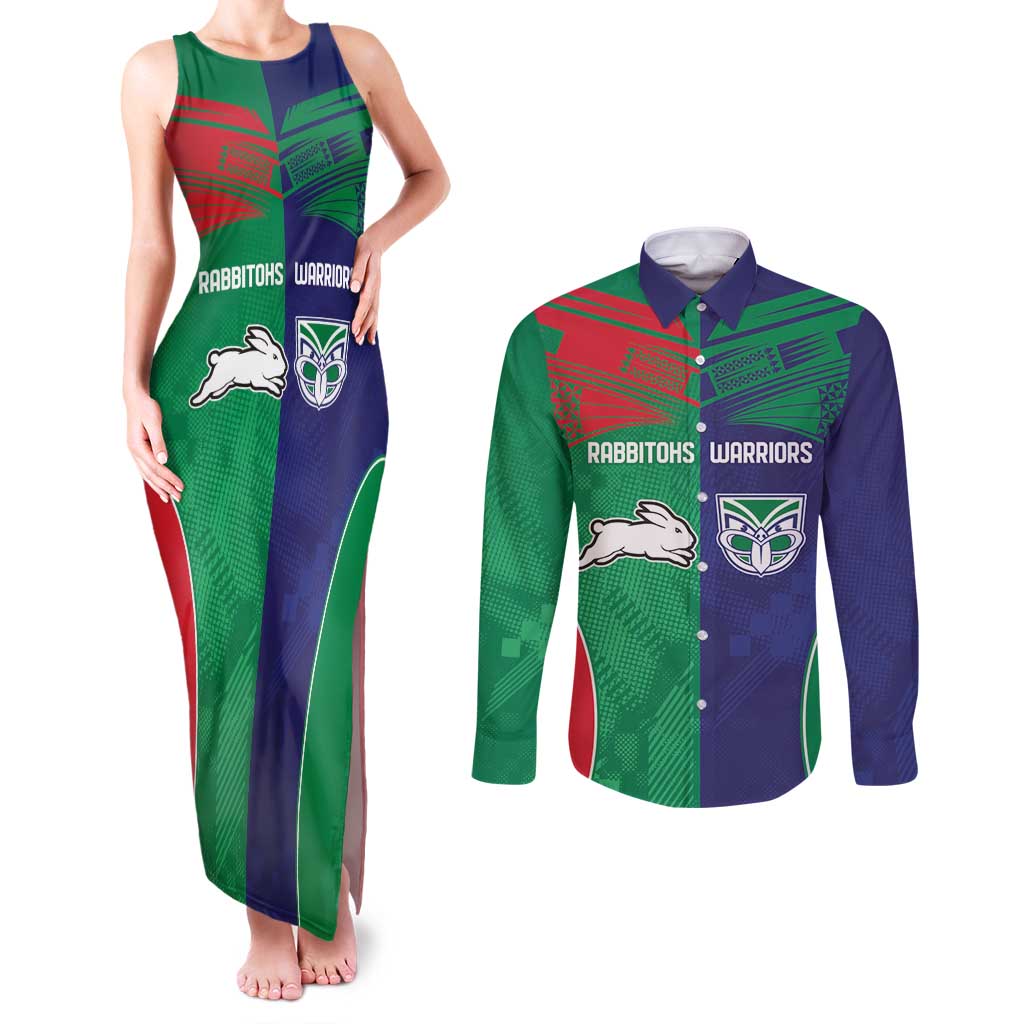 Custom Warriors-Rabbitohs Couples Matching Tank Maxi Dress and Long Sleeve Button Shirt Together Sporty Style