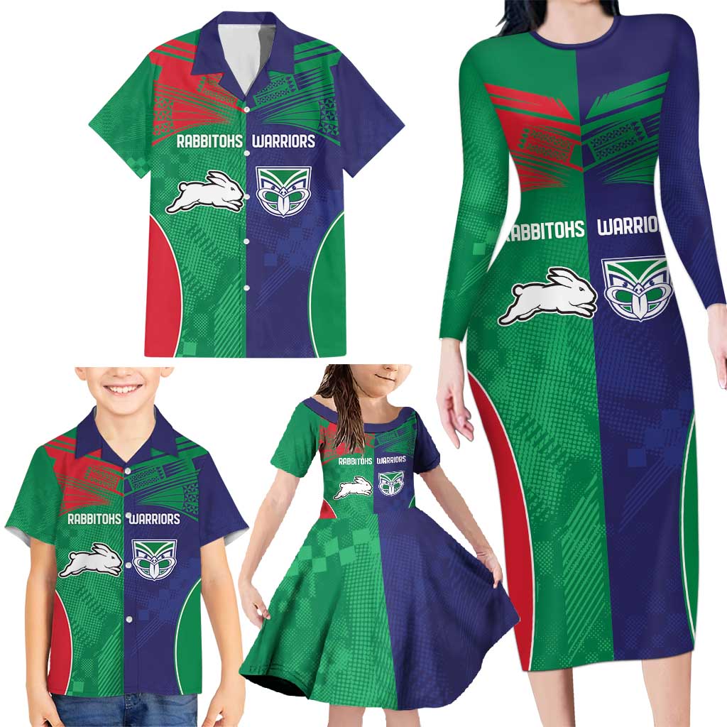 Custom Warriors-Rabbitohs Family Matching Long Sleeve Bodycon Dress and Hawaiian Shirt Together Sporty Style