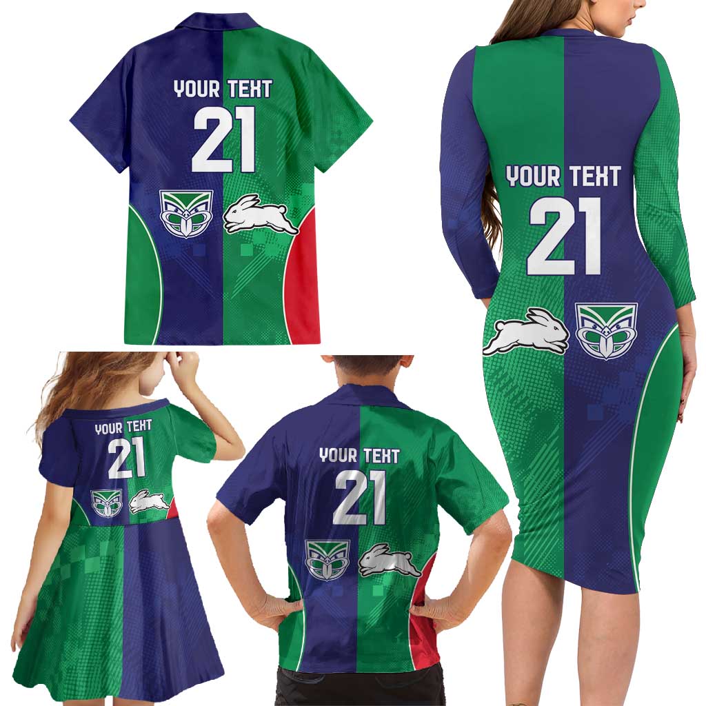 Custom Warriors-Rabbitohs Family Matching Long Sleeve Bodycon Dress and Hawaiian Shirt Together Sporty Style