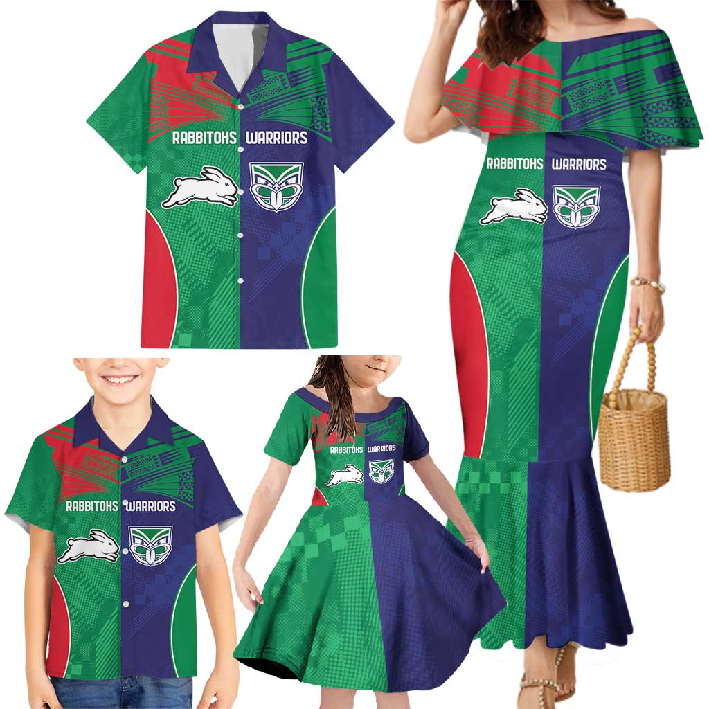 Custom Warriors-Rabbitohs Family Matching Mermaid Dress and Hawaiian Shirt Together Sporty Style