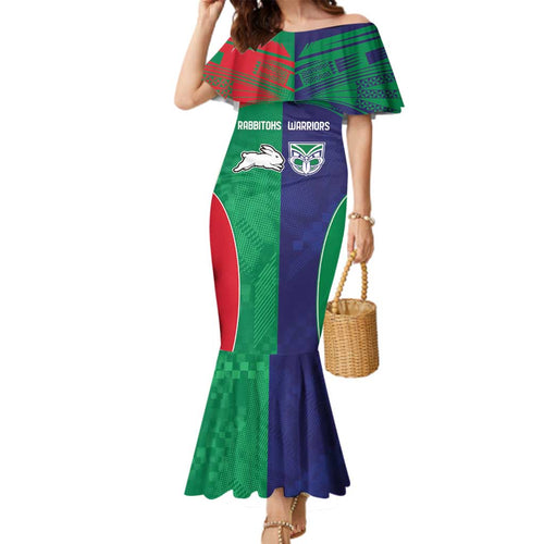 Custom Warriors-Rabbitohs Family Matching Mermaid Dress and Hawaiian Shirt Together Sporty Style