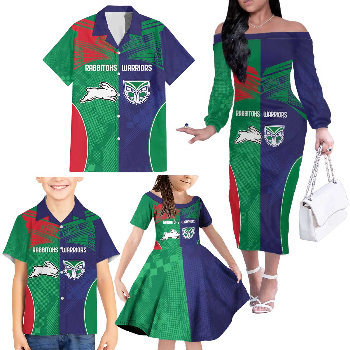 Custom Warriors-Rabbitohs Family Matching Off The Shoulder Long Sleeve Dress and Hawaiian Shirt Together Sporty Style
