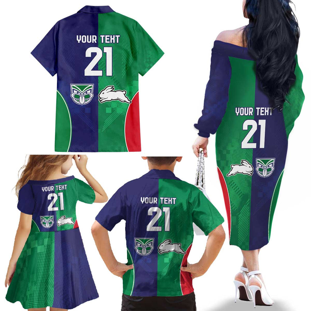 Custom Warriors-Rabbitohs Family Matching Off The Shoulder Long Sleeve Dress and Hawaiian Shirt Together Sporty Style