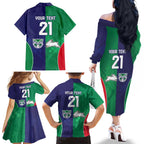 Custom Warriors-Rabbitohs Family Matching Off The Shoulder Long Sleeve Dress and Hawaiian Shirt Together Sporty Style