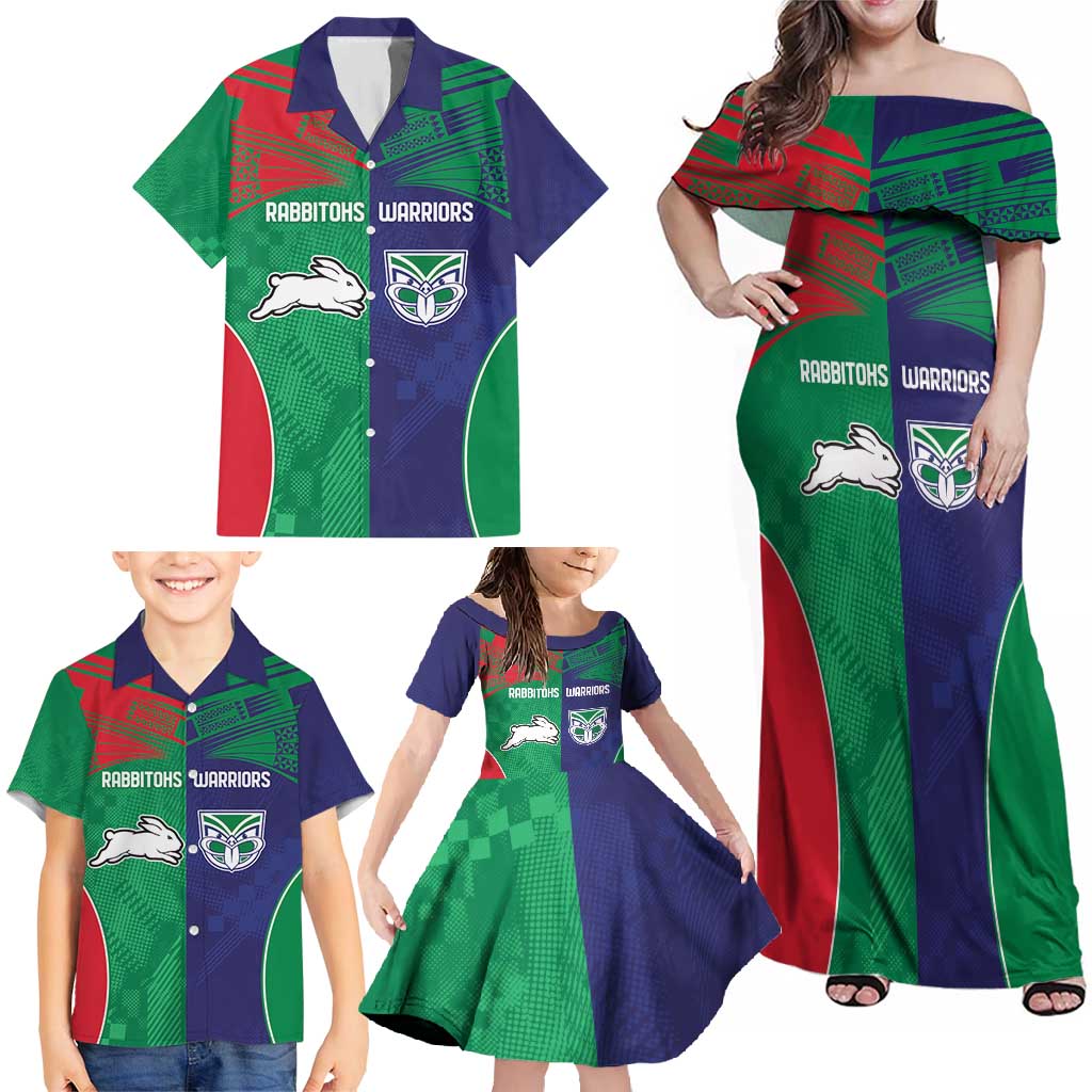 Custom Warriors-Rabbitohs Family Matching Off Shoulder Maxi Dress and Hawaiian Shirt Together Sporty Style