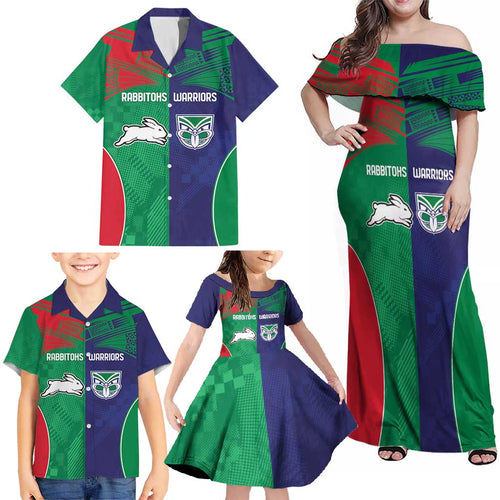 Custom Warriors-Rabbitohs Family Matching Off Shoulder Maxi Dress and Hawaiian Shirt Together Sporty Style
