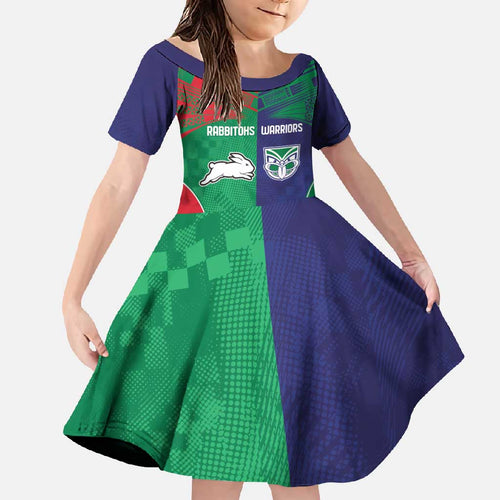 Custom Warriors-Rabbitohs Family Matching Off Shoulder Maxi Dress and Hawaiian Shirt Together Sporty Style