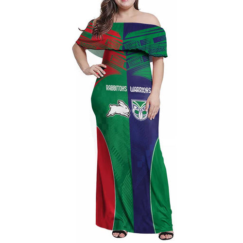 Custom Warriors-Rabbitohs Family Matching Off Shoulder Maxi Dress and Hawaiian Shirt Together Sporty Style