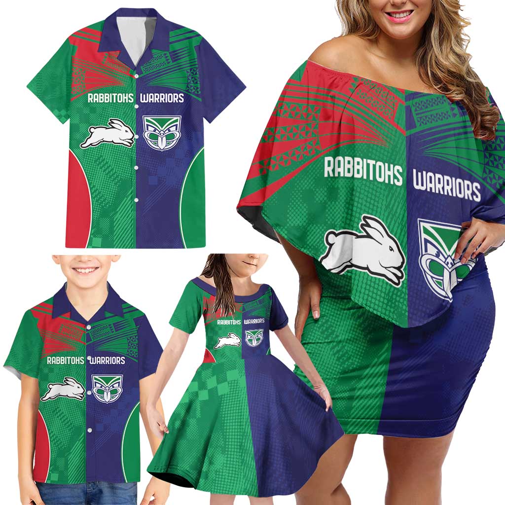 Custom Warriors-Rabbitohs Family Matching Off Shoulder Short Dress and Hawaiian Shirt Together Sporty Style