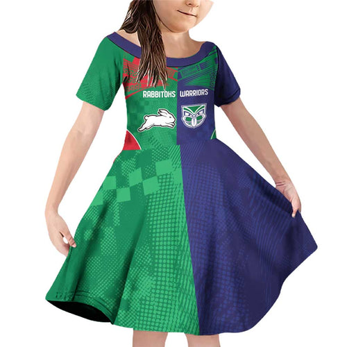Custom Warriors-Rabbitohs Family Matching Off Shoulder Short Dress and Hawaiian Shirt Together Sporty Style