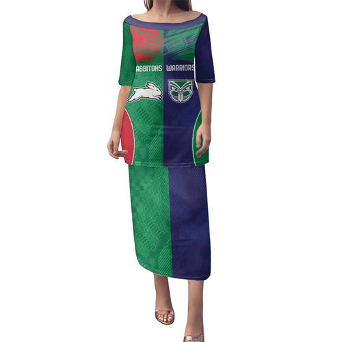 Custom Warriors-Rabbitohs Family Matching Puletasi and Hawaiian Shirt Together Sporty Style