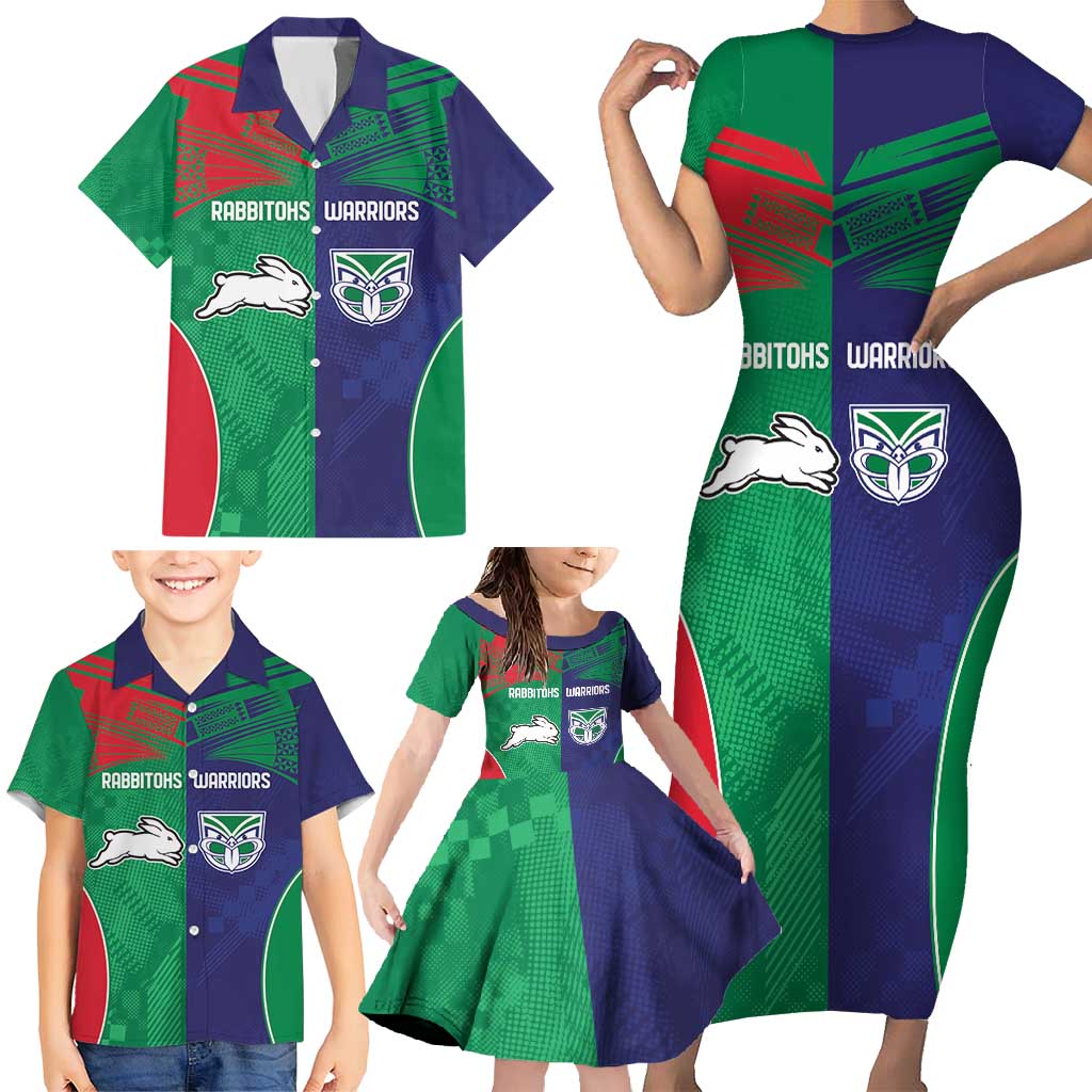 Custom Warriors-Rabbitohs Family Matching Short Sleeve Bodycon Dress and Hawaiian Shirt Together Sporty Style