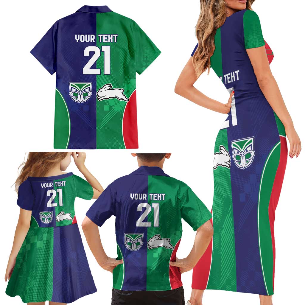 Custom Warriors-Rabbitohs Family Matching Short Sleeve Bodycon Dress and Hawaiian Shirt Together Sporty Style