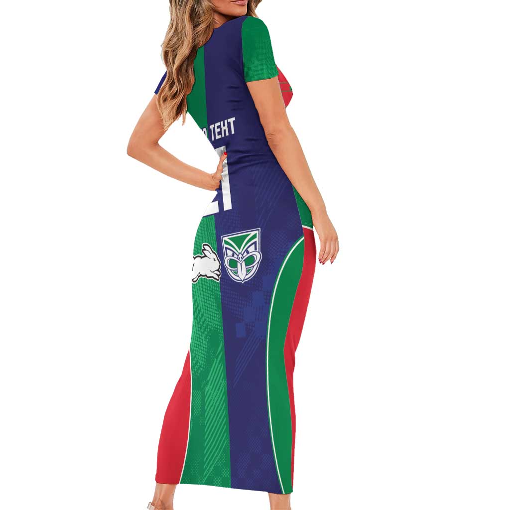 Custom Warriors-Rabbitohs Family Matching Short Sleeve Bodycon Dress and Hawaiian Shirt Together Sporty Style