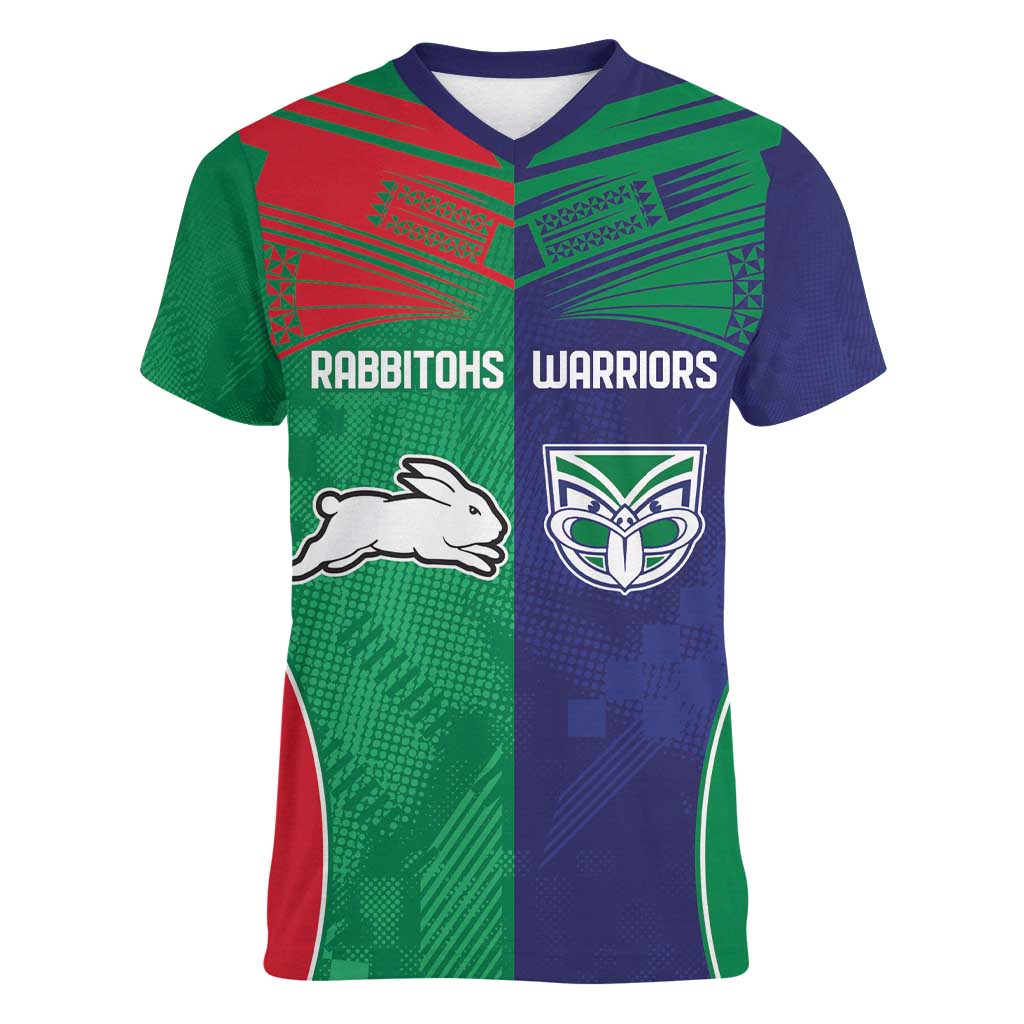 Custom Warriors-Rabbitohs Women V-Neck T-Shirt Together Sporty Style