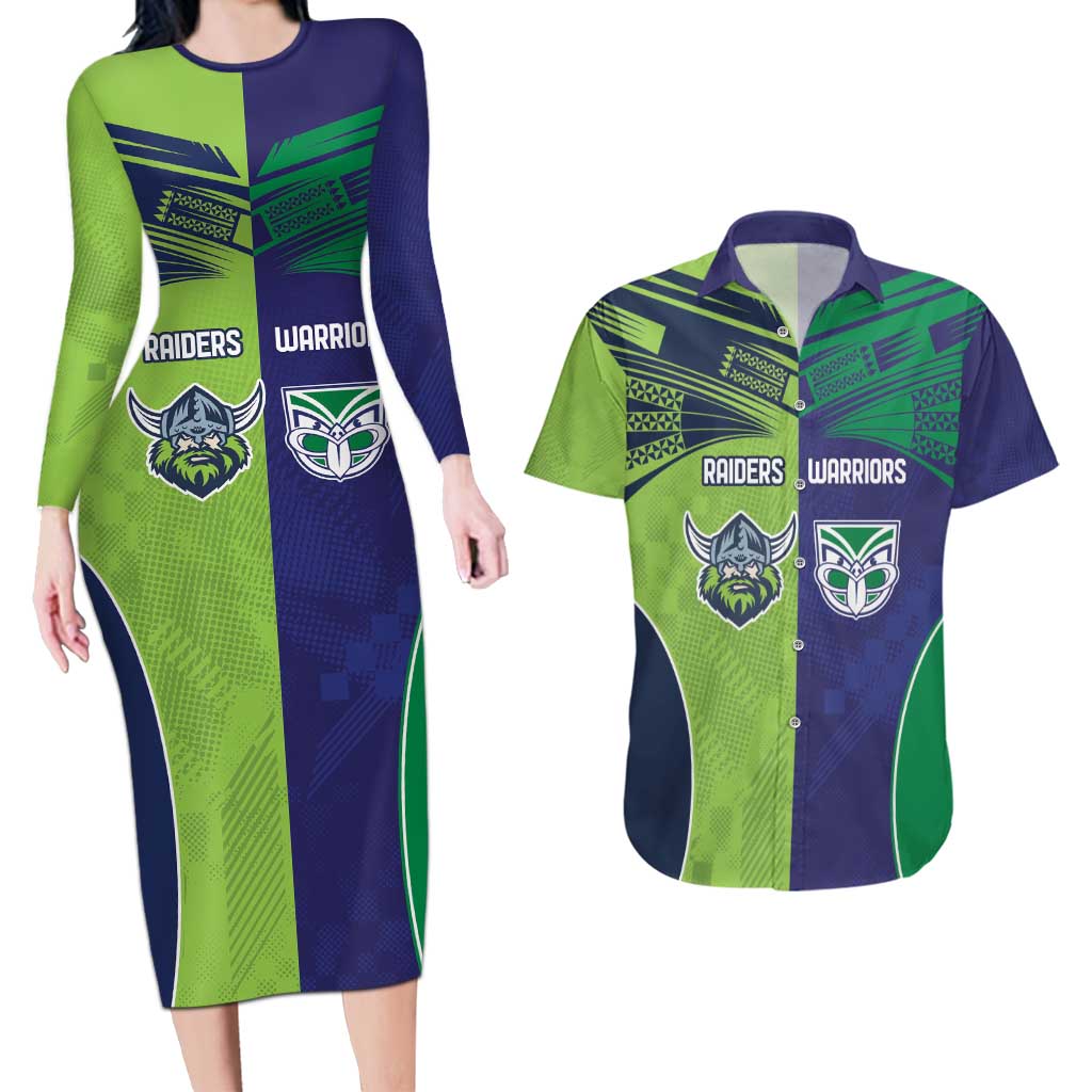 Custom Warriors-Raiders Couples Matching Long Sleeve Bodycon Dress and Hawaiian Shirt Together Sporty Style