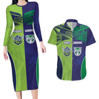 Custom Warriors-Raiders Couples Matching Long Sleeve Bodycon Dress and Hawaiian Shirt Together Sporty Style