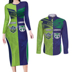 Custom Warriors-Raiders Couples Matching Long Sleeve Bodycon Dress and Long Sleeve Button Shirt Together Sporty Style