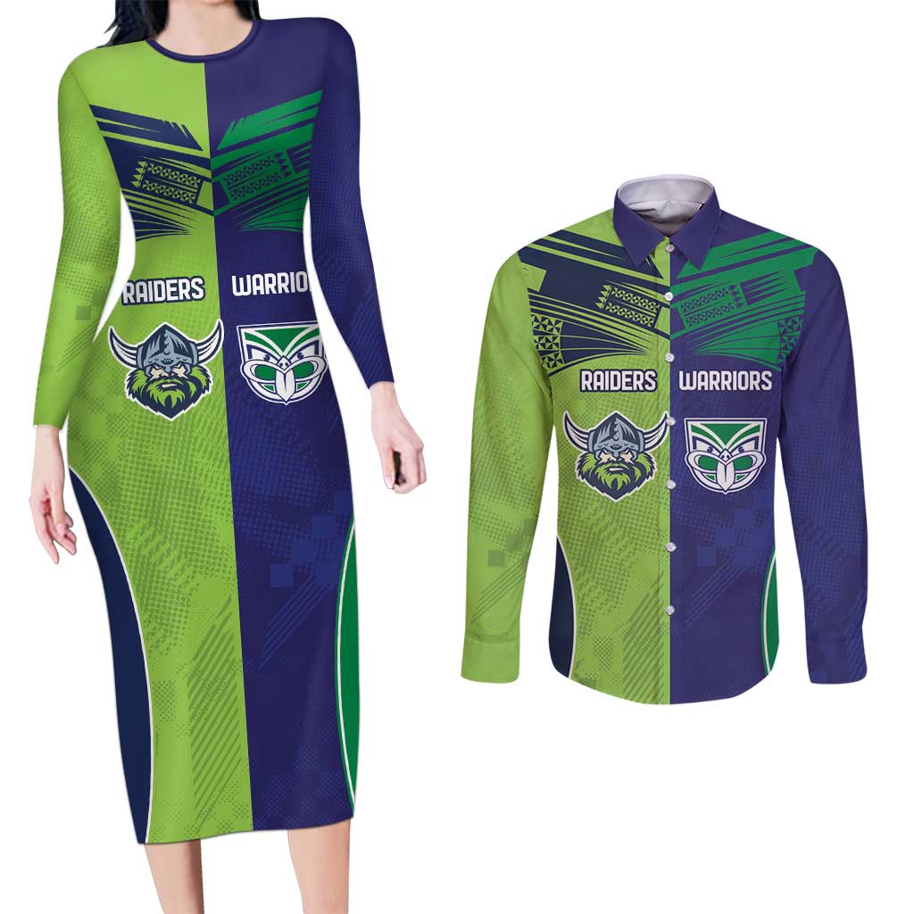 Custom Warriors-Raiders Couples Matching Long Sleeve Bodycon Dress and Long Sleeve Button Shirt Together Sporty Style